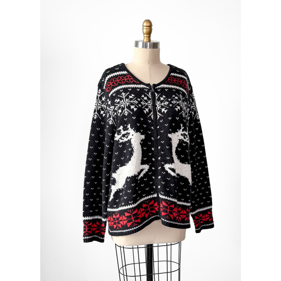 J.Jill Holiday Christmas Reindeer Snowflake Zip Knit Winter Cardigan Fair Isle - Picture 1 of 7